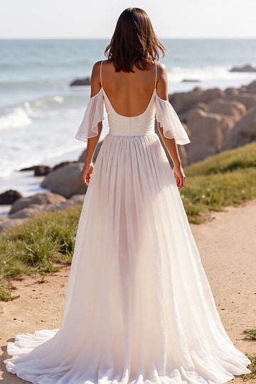 A Line White Cold Shoulder Chiffon Beach Wedding Dress
